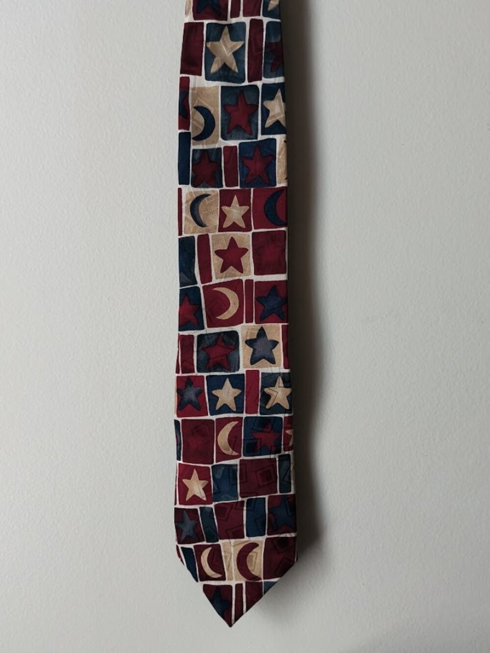 Men's Tie with Stars and Moons Pattern - folk art 100% silk